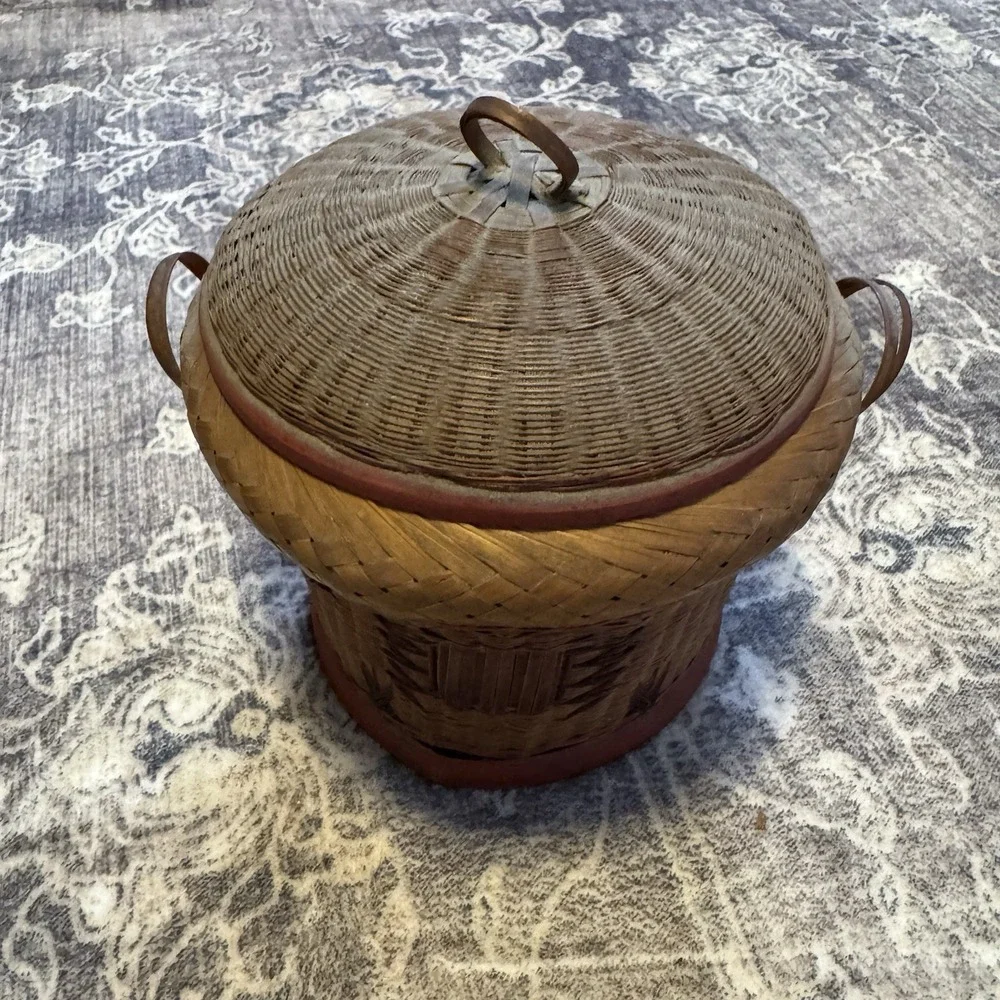 Vintage Shanghai Sticky‎ Rice Hand Woven Basket With Lid